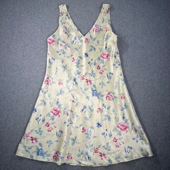 Intimate Essentials Vintage 90's Satin Slip Gown Women's Medium Yellow Floral - Picture 1 of 8